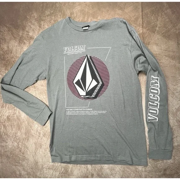 Medium Grey Volcom Long Sleeve T-shirt Volcom Logo Down One-sleeve Size L - Picture 1 of 4